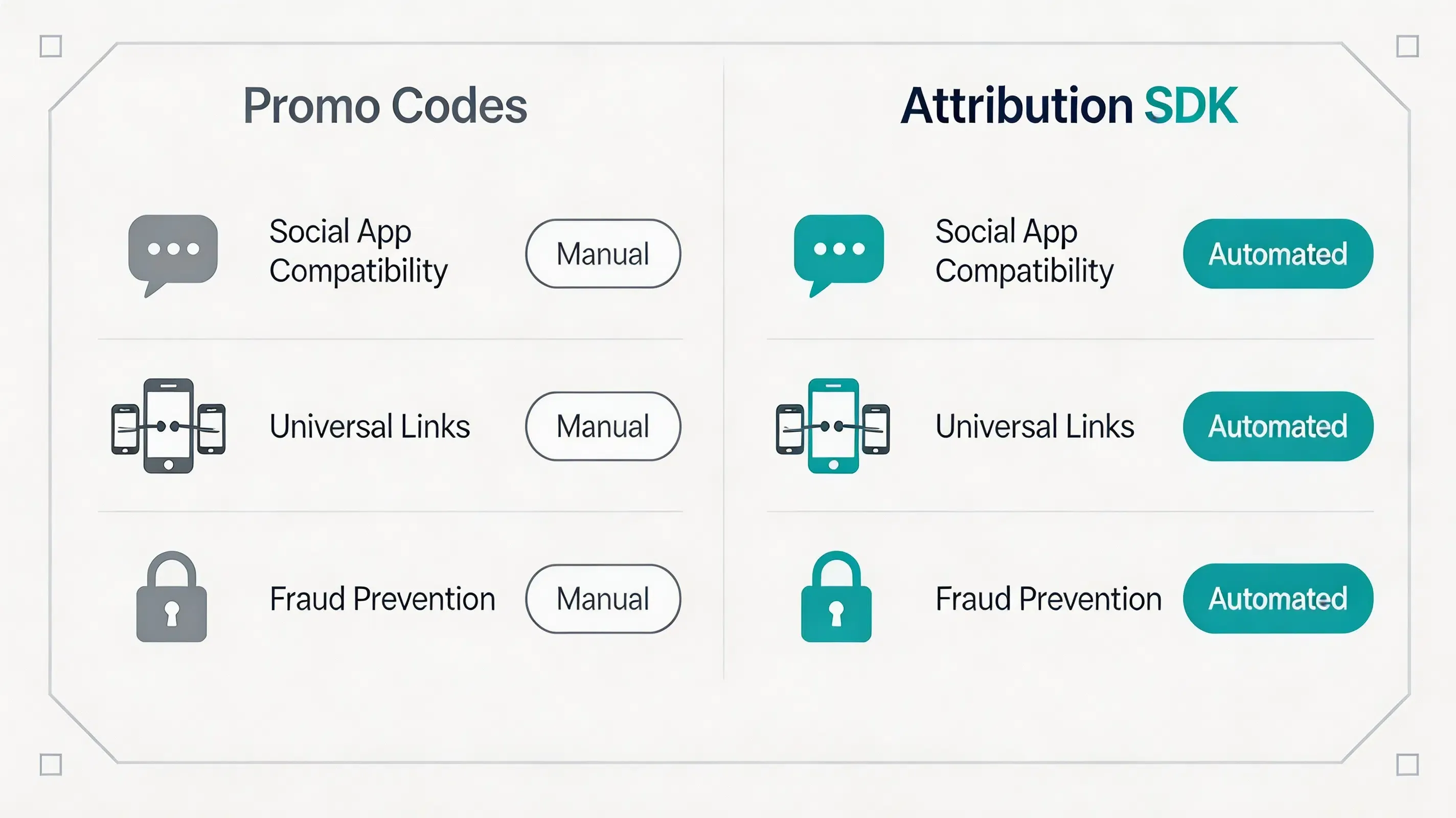 High-end corporate matrix chart comparing promo code systems versus automated referral tracking SDKs for social environments.