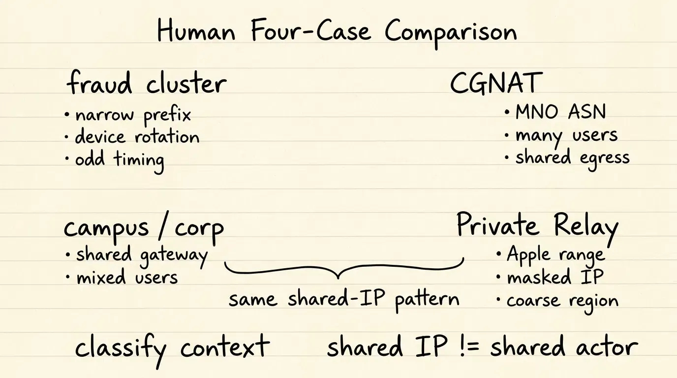 Comparación de patrones IP de fraude por proxy versus CGNAT VPN y Relé privado
