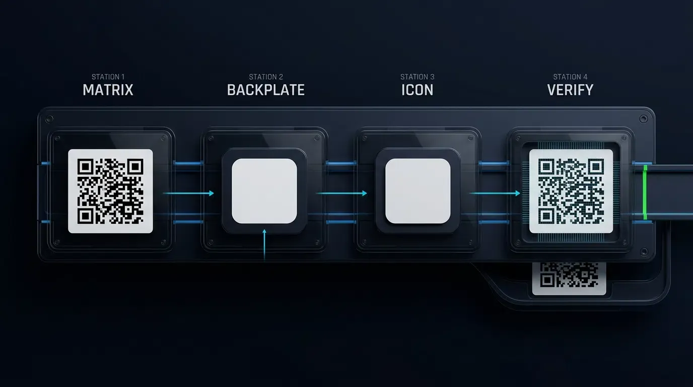 Canvas workflow composites a protected QR icon and verifies decoding before export.