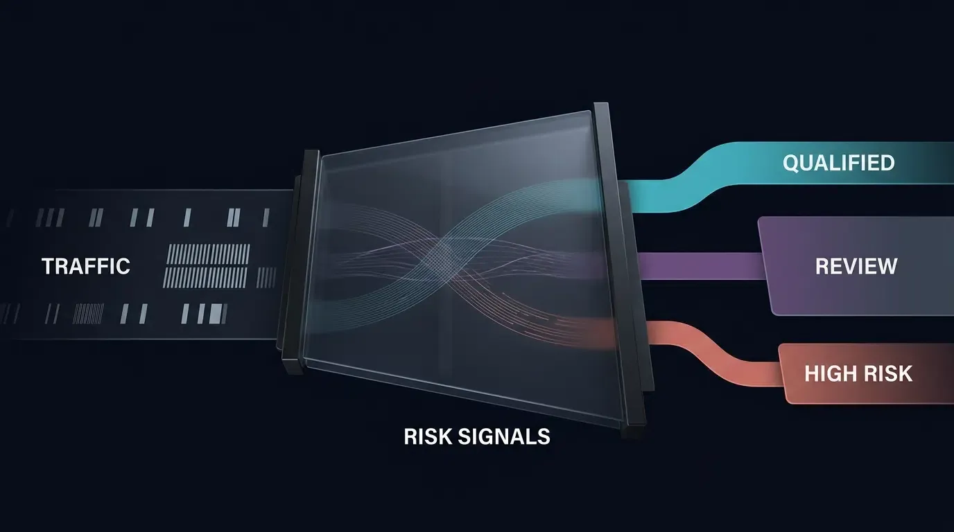 QR fraud analysis combines behavioral evidence before classifying suspicious routing traffic.