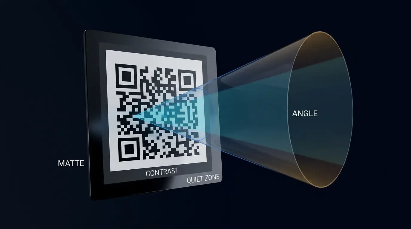 QR readability depends on contrast, surface finish, angle, and protected quiet zones.