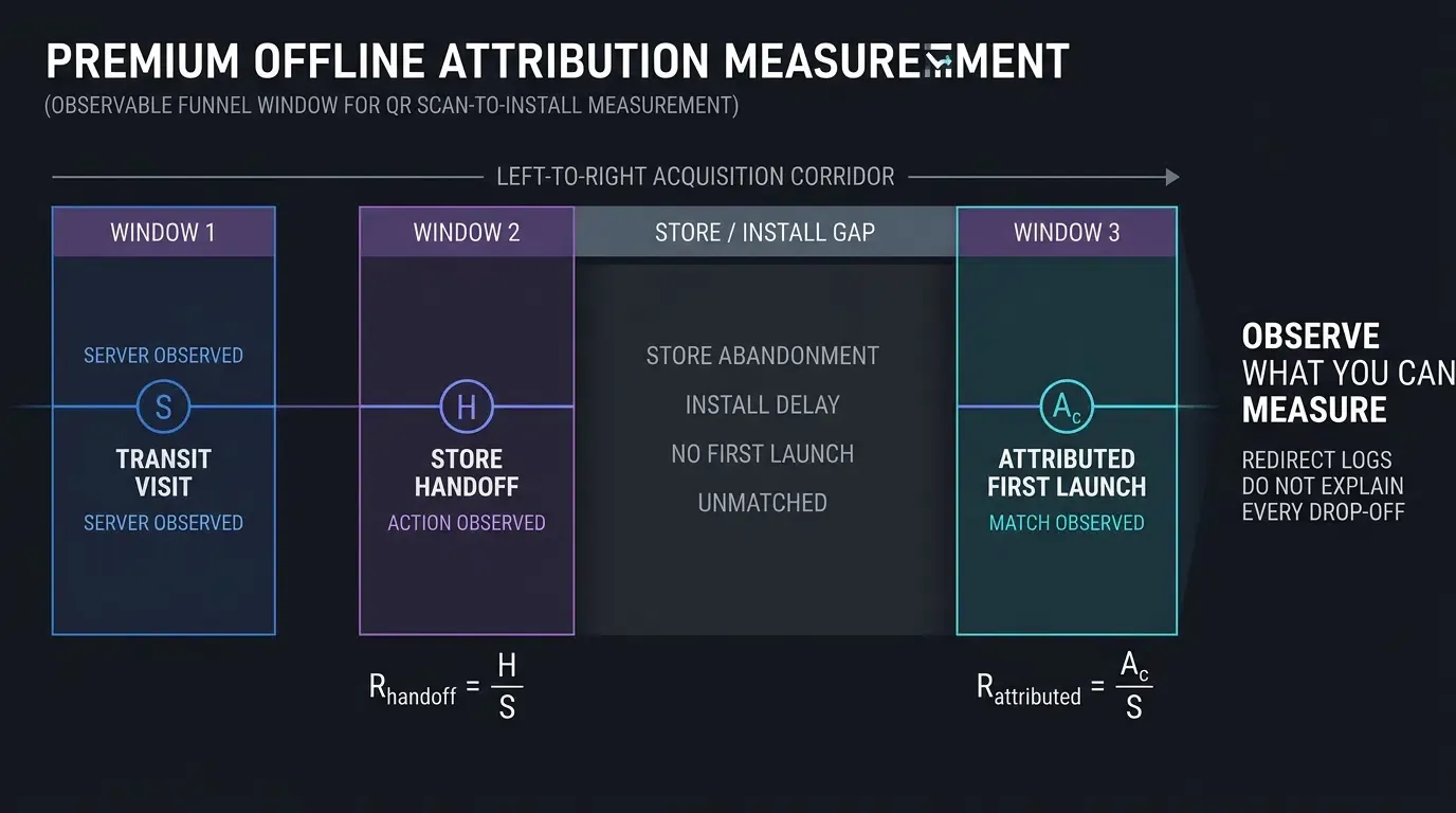 QR attribution separates observable transit and first-launch events from unobservable store and installation drop-off.