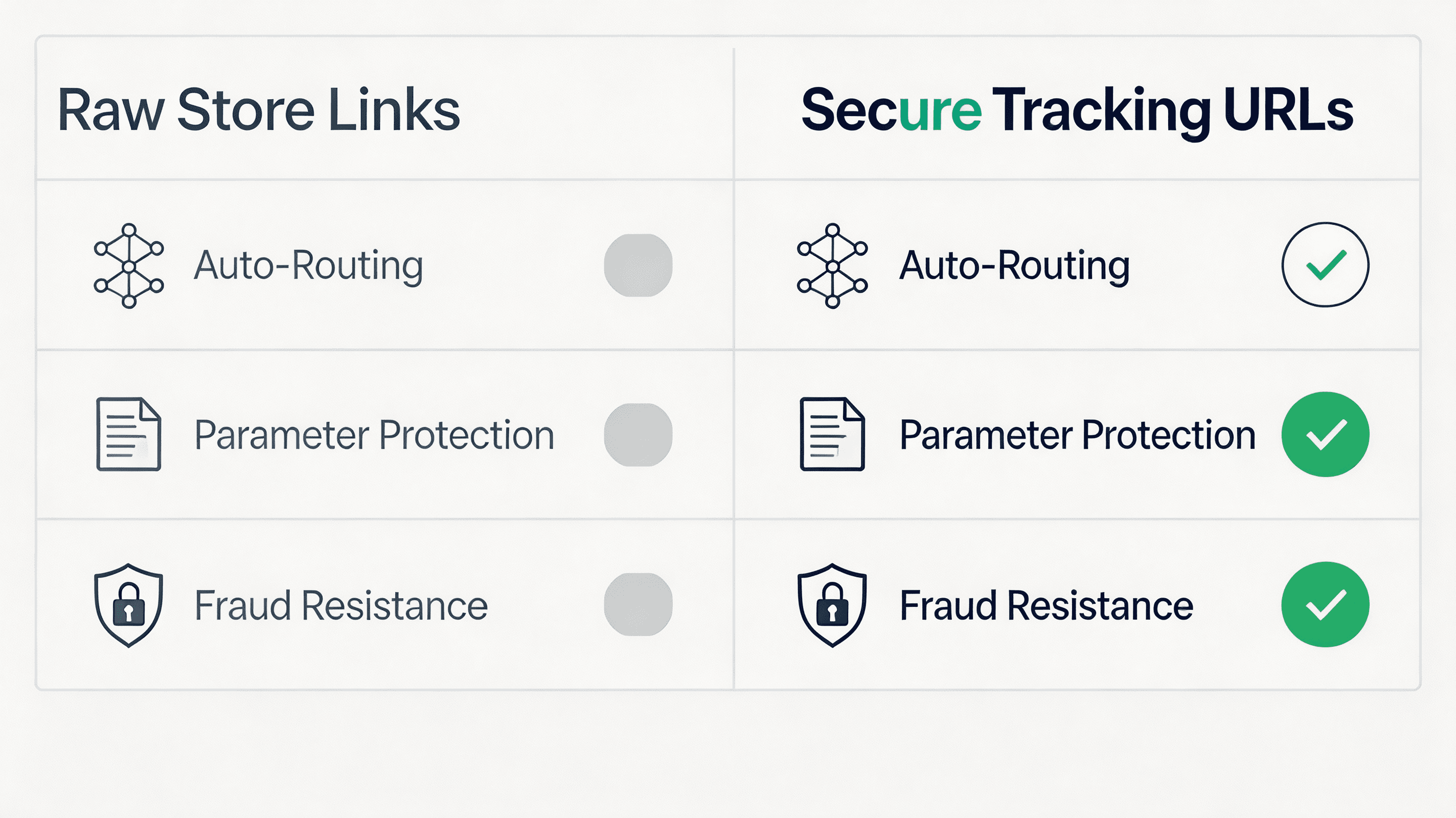 Ultra-premium corporate matrix chart comparing raw app store links versus secure tracking URLs for mobile attribution.