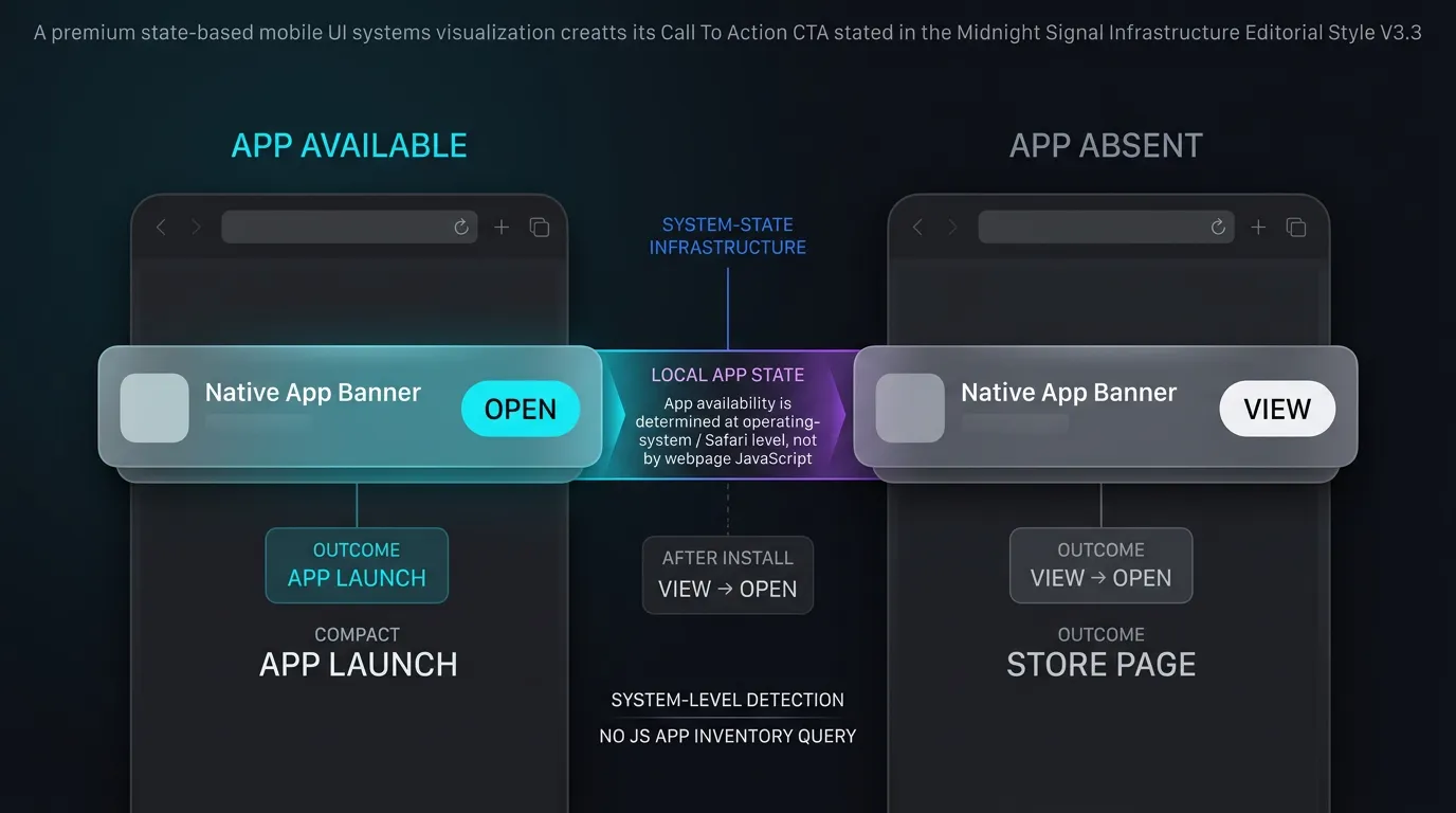 Safari ändert die CTA des Smart App Banners zwischen den Zuständen Öffnen und Ansehen.