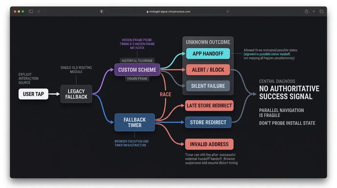 Legacy custom-scheme timers create race conditions between app launch attempts and store fallbacks.