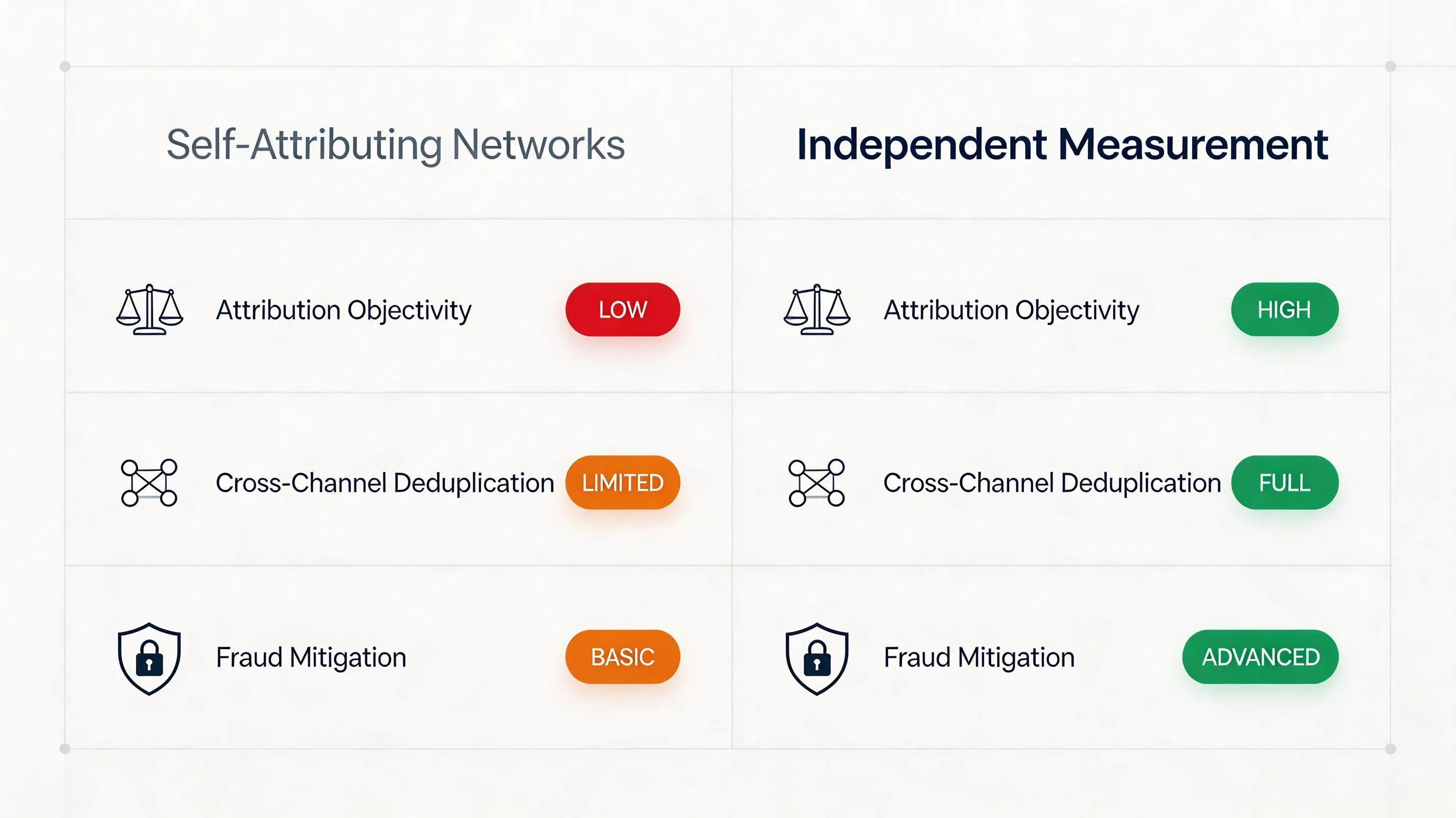 Ultra-premium corporate matrix chart comparing self-attributing networks versus independent mobile measurement platforms.