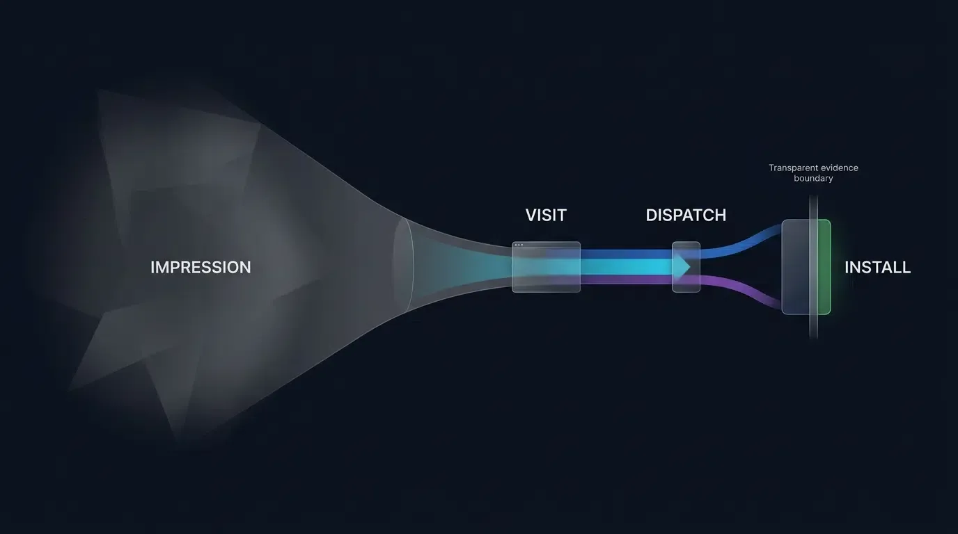 Scan-to-install measurement separates estimated exposure, observable visits, dispatches, and verified installs.