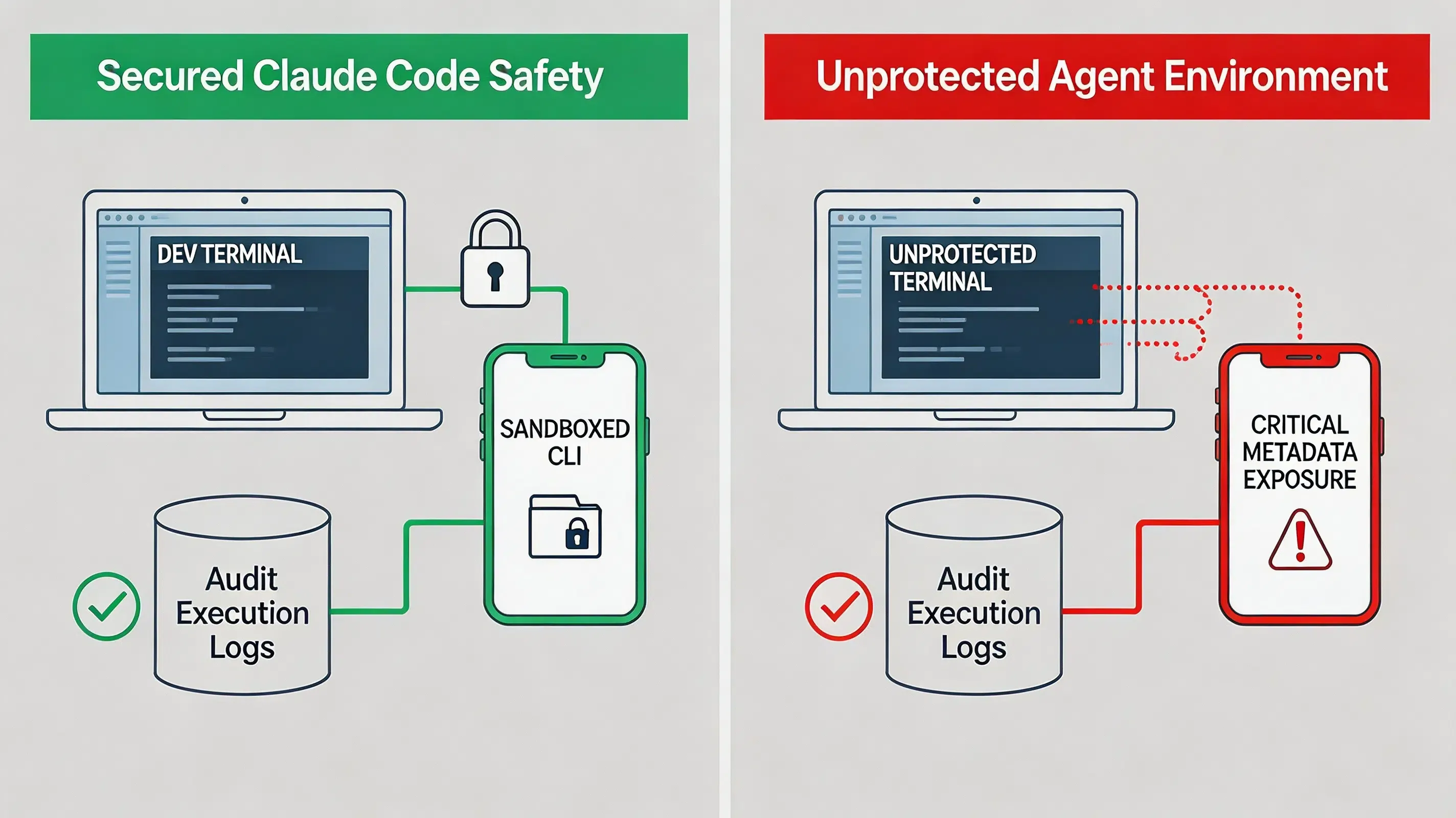 Flat developer workspace infographic comparing sandboxed Claude Code execution against unprotected environments.