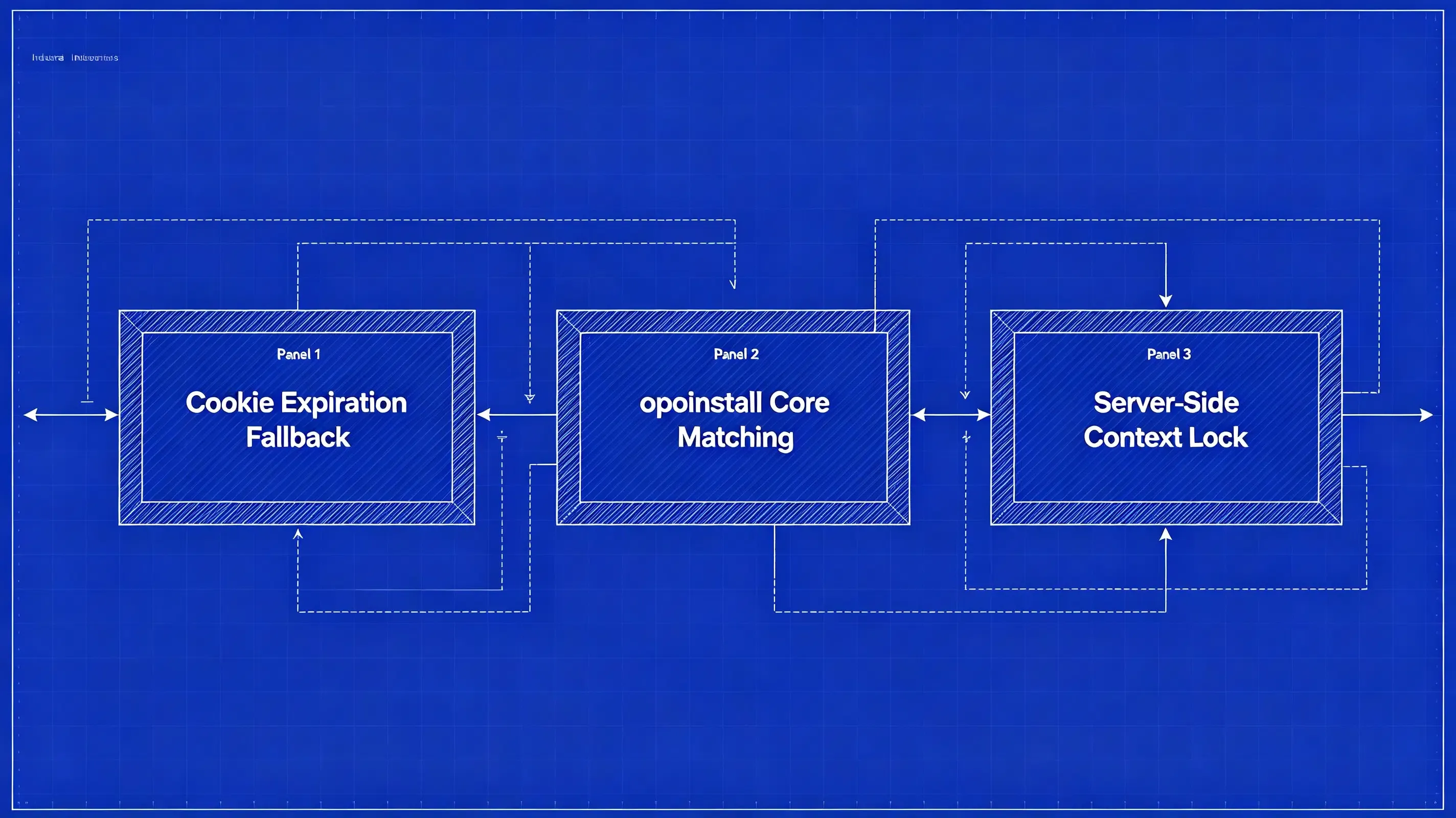 Technical blueprint system architecture diagram of server-side context restoration and campaign parameter tracking.