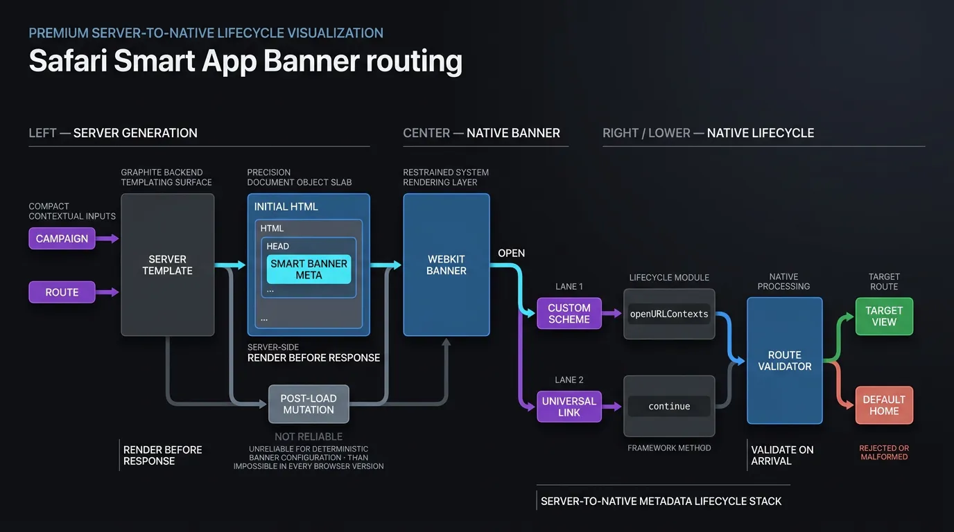 Serverseitig gerenderte Smart Banner-Metadaten fließen in das validierte native iOS-Routen-Handling ein.