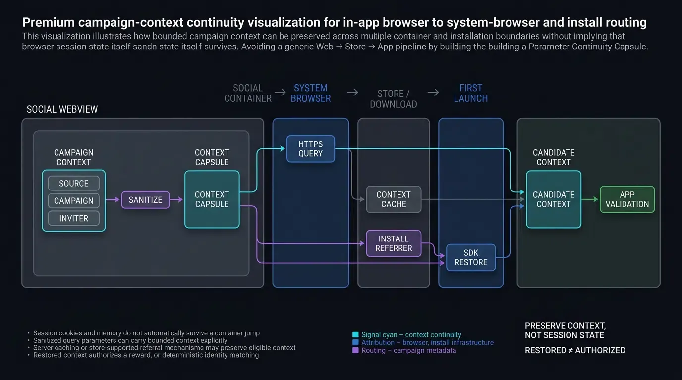 Campaign context can be carried across browser and install boundaries using explicit routing mechanisms.