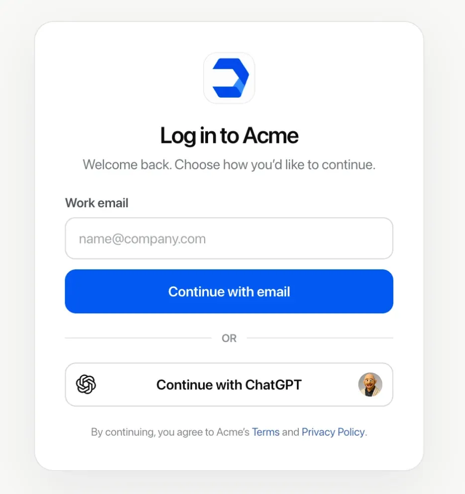 Example application interface showing the Continue with ChatGPT sign-in option