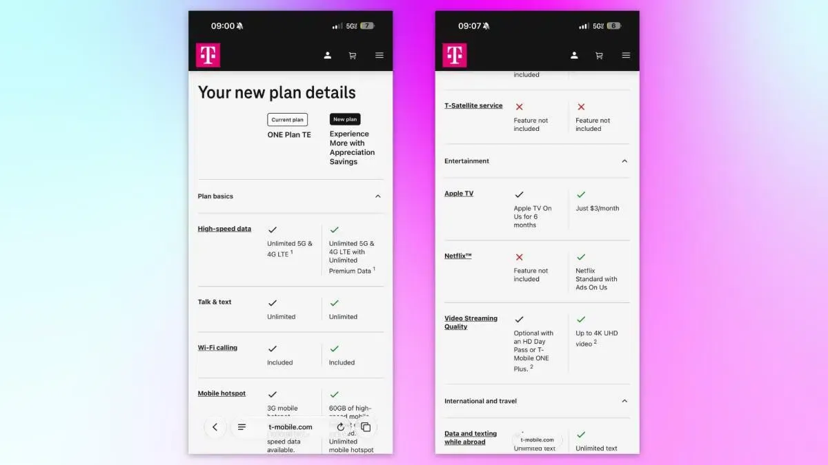 Screenshots of mobile billing app showing T-Mobile One Plan to Experience More rate plan migration