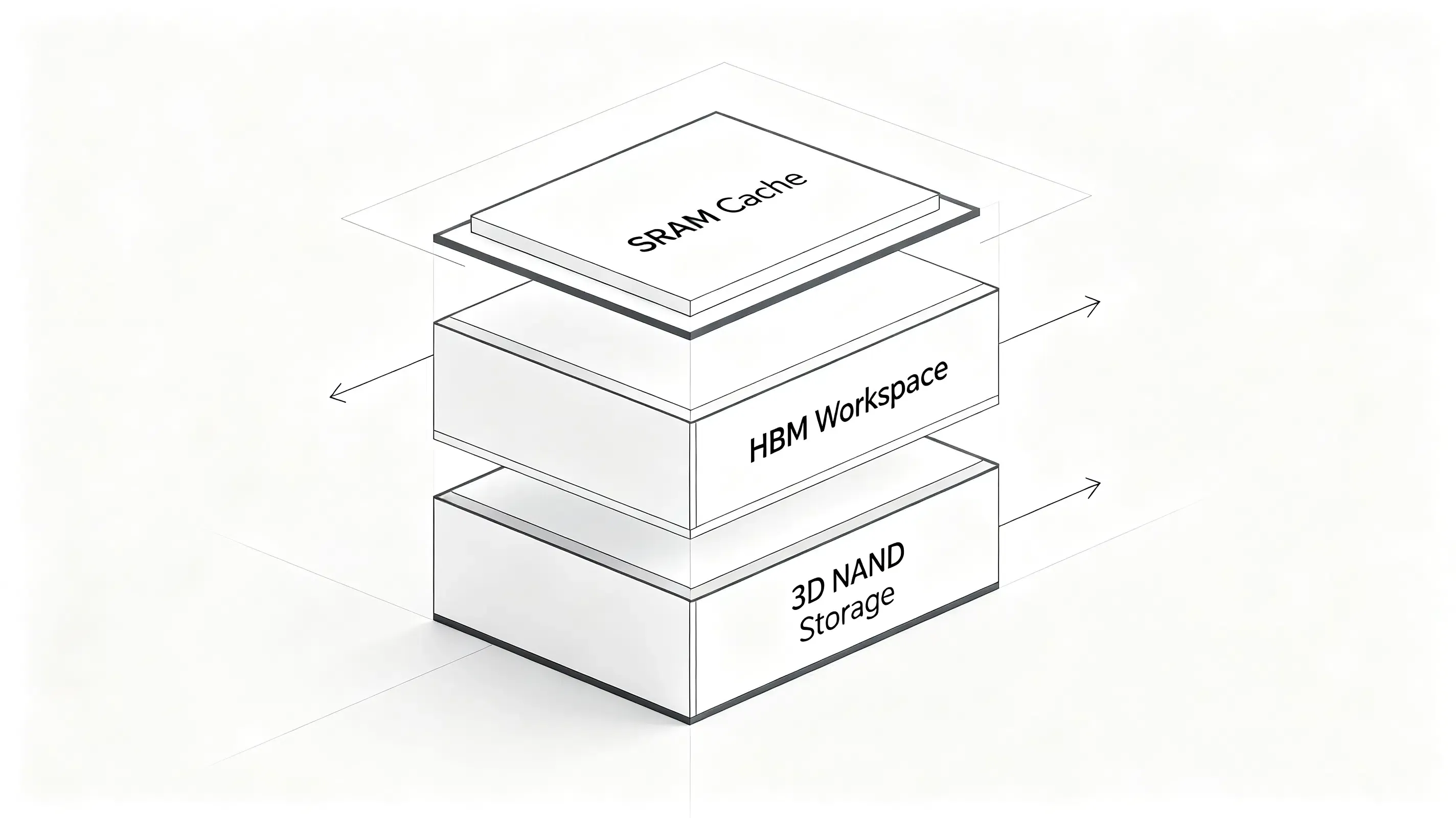SRAM, HBM, 3D NAND 플래시를 적층한 3D 메모리 계층 구조 도식.