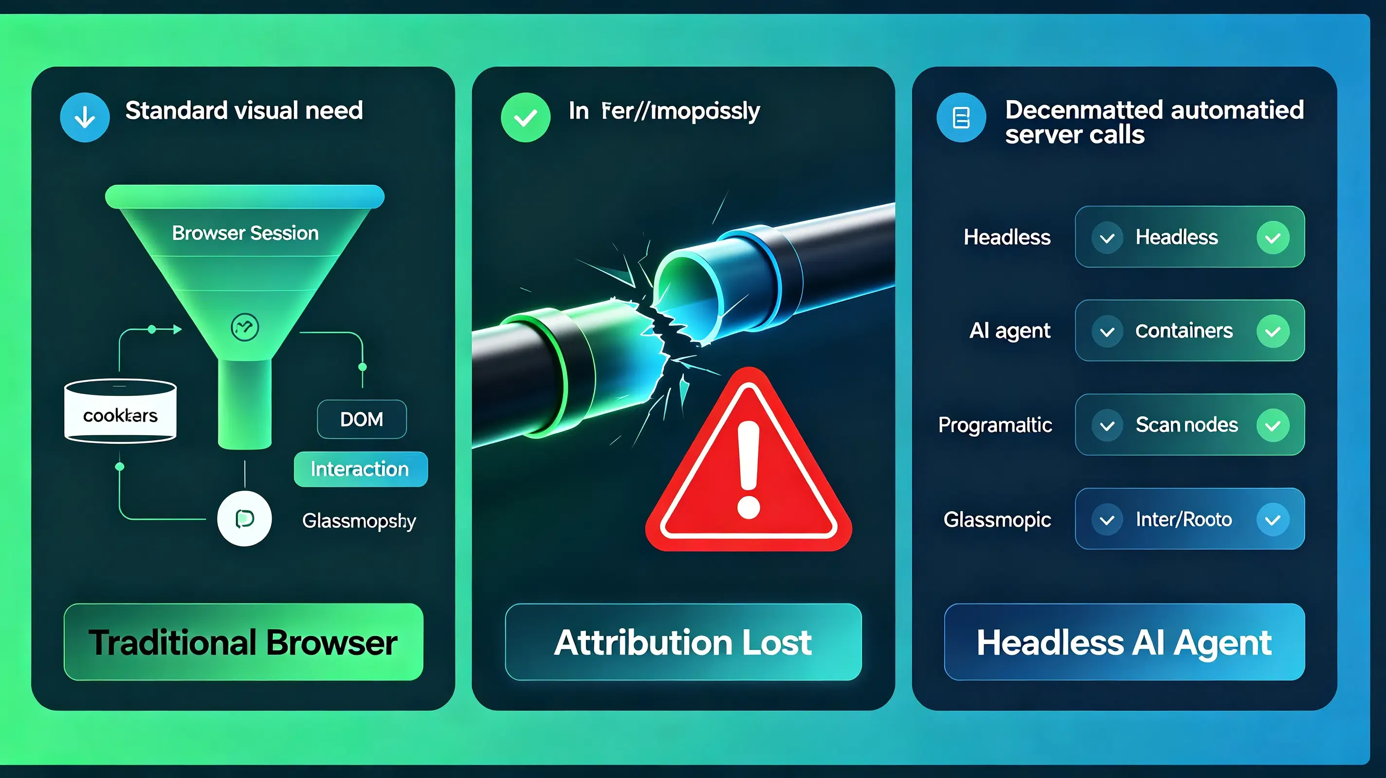 Traditional browser journey versus headless AI agent attribution lost.
