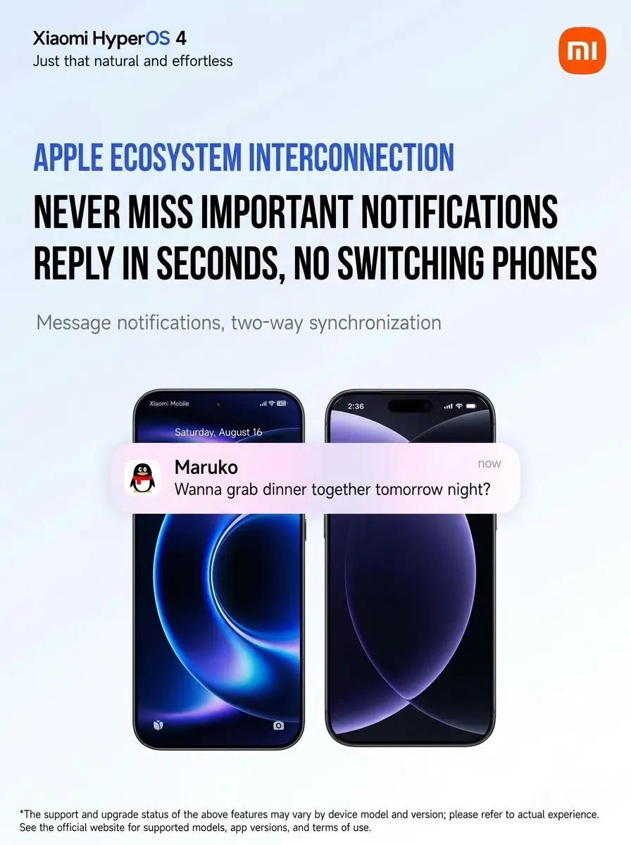 Xiaomi HyperOS 4 promotional image showing desktop continuity with a Mac, iPad, and Xiaomi phone interface