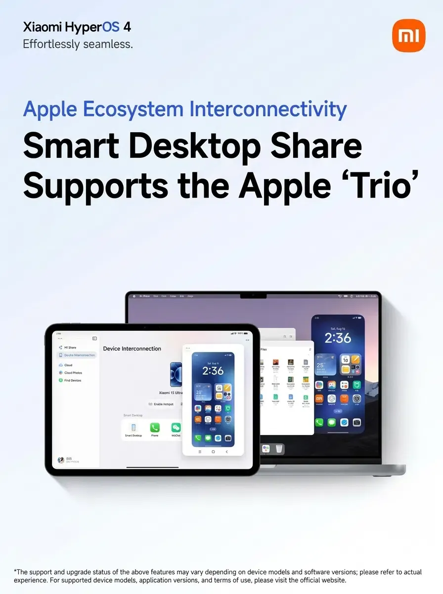 Xiaomi HyperOS 4 promotional graphic illustrating two-way message notification synchronization between Xiaomi and iPhone