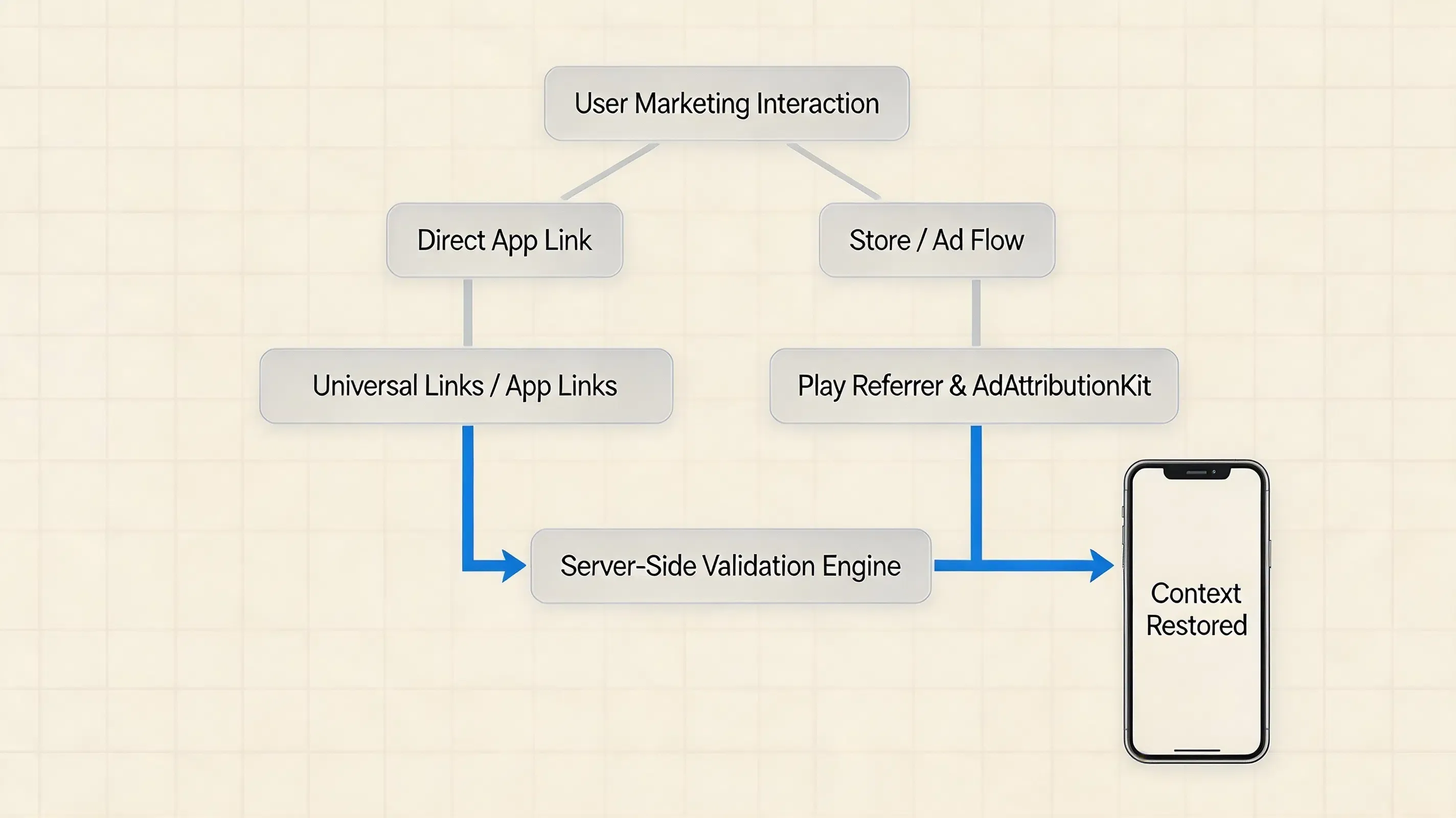 Advanced technical data pipeline architecture mapping direct app links versus store-mediated install flows into a server-side context engine on a warm soft cream grid backdrop.
