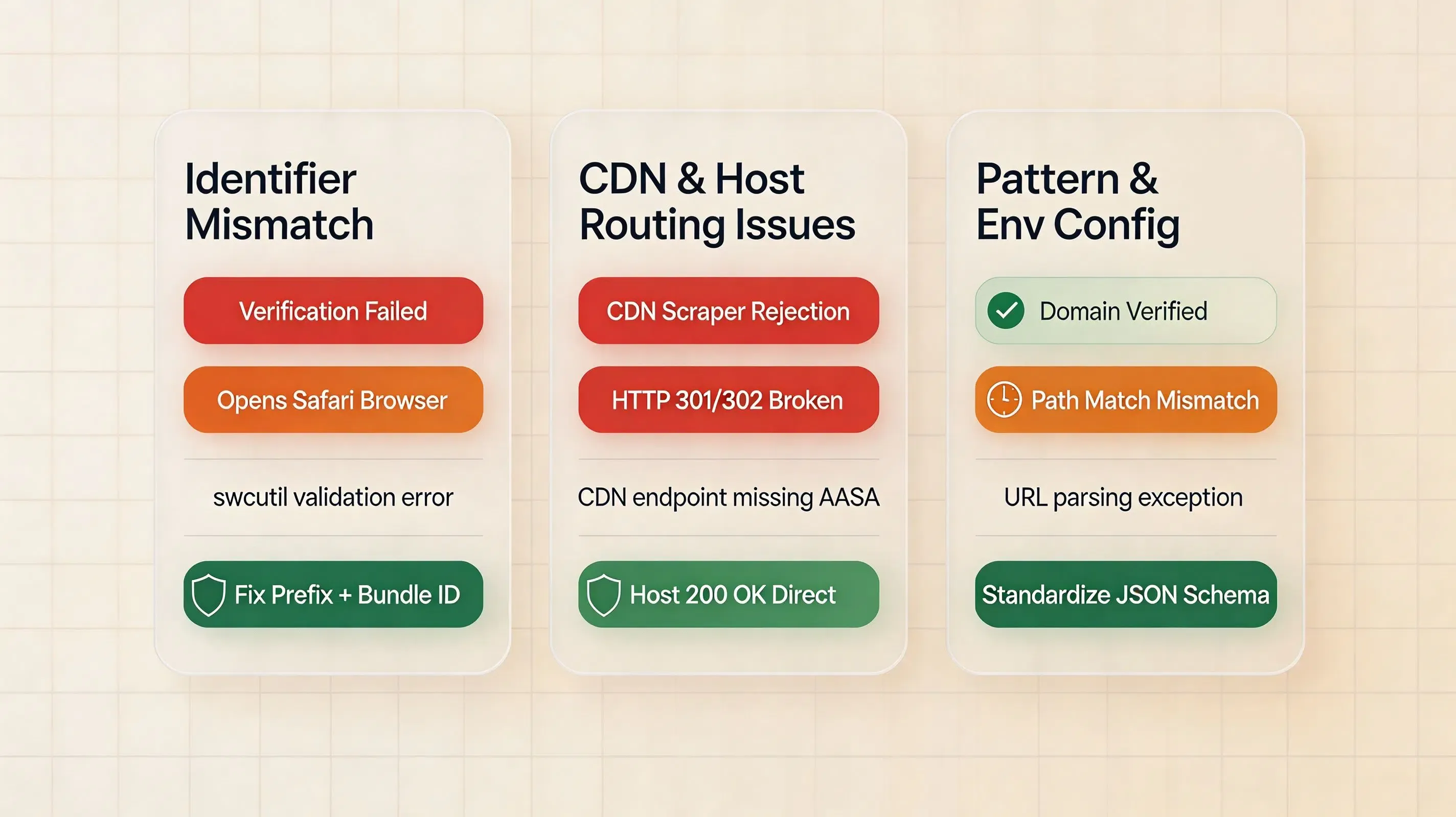 International enterprise comparison matrix chart illustrating iOS Universal Link failure modes, root causes, system behaviors, and remediation steps with distinct status badges on a warm cream grid backdrop.