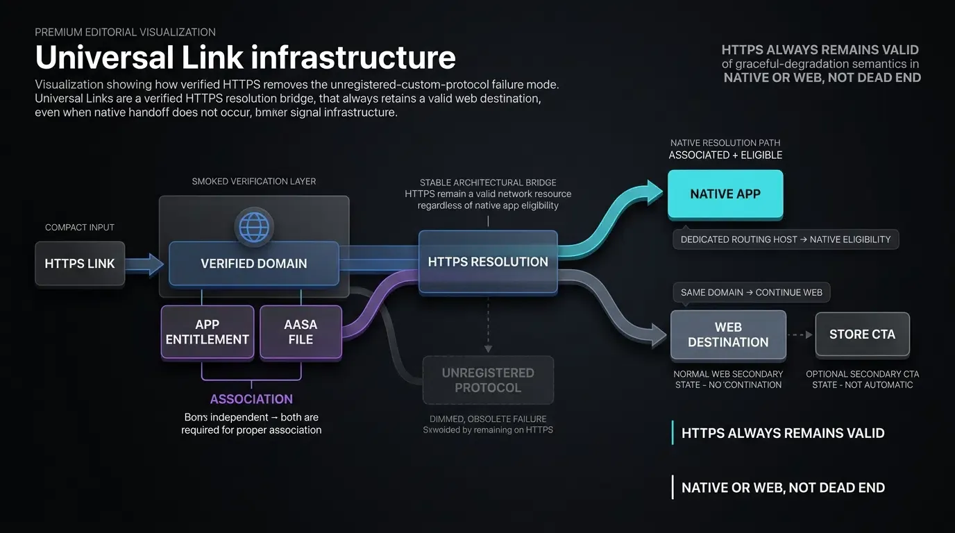 Universal Links use verified HTTPS so failed native handoff degrades to a valid web destination.
