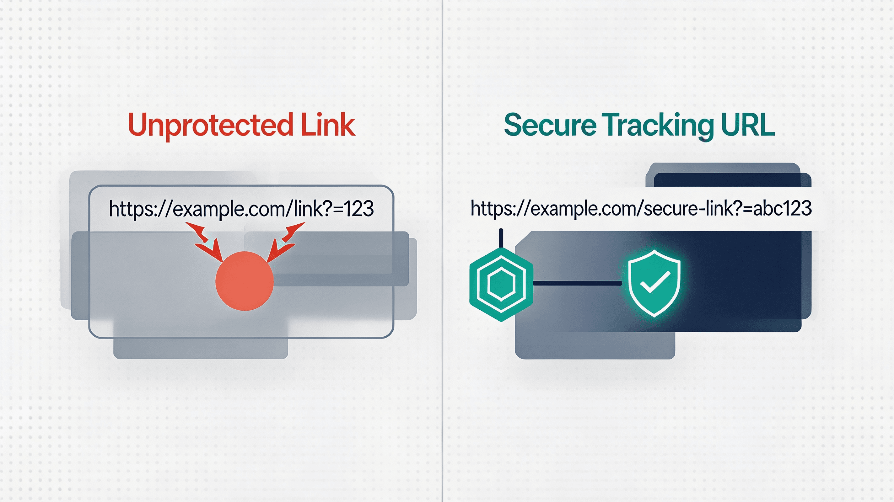 Ultra-premium flat infographic comparison of vulnerable unprotected campaign links versus cryptographically secure tracking URLs preventing click injection.