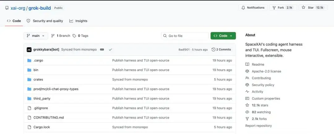 GitHub repository screenshot showing the open-source Grok Build codebase in Rust