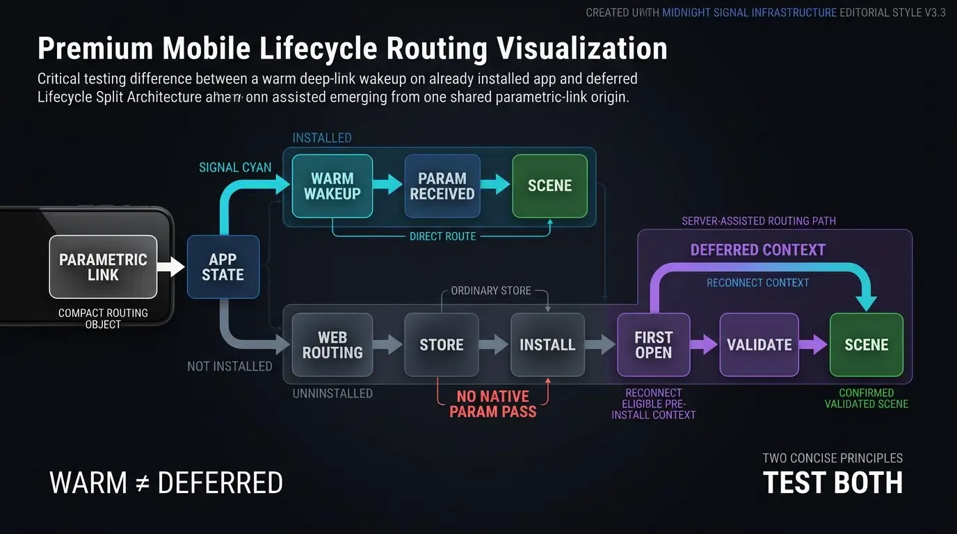 Warm deep-link wakeups and deferred first-launch restoration require separate tests.