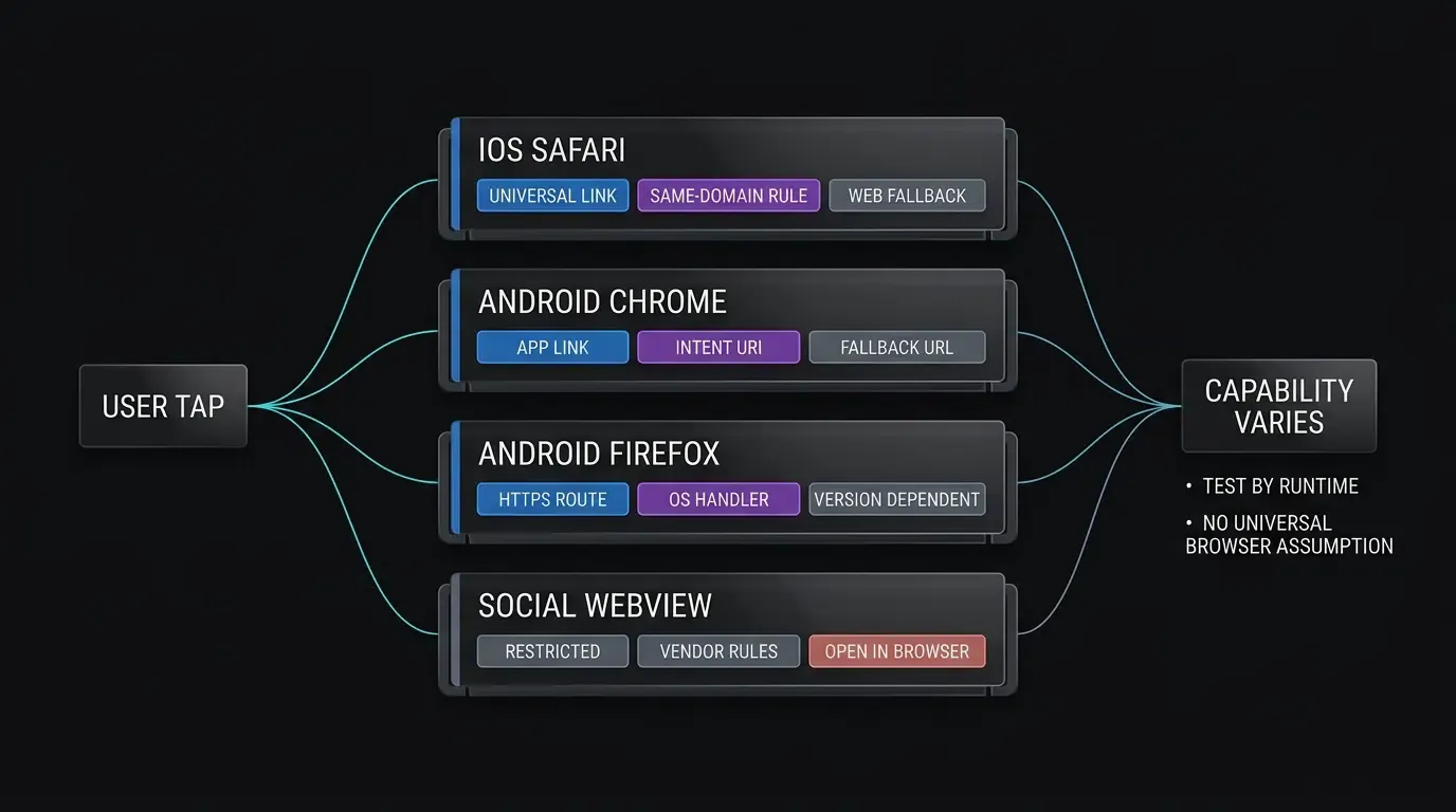Mobile browsers expose different protocols and fallbacks for web-to-app routing.