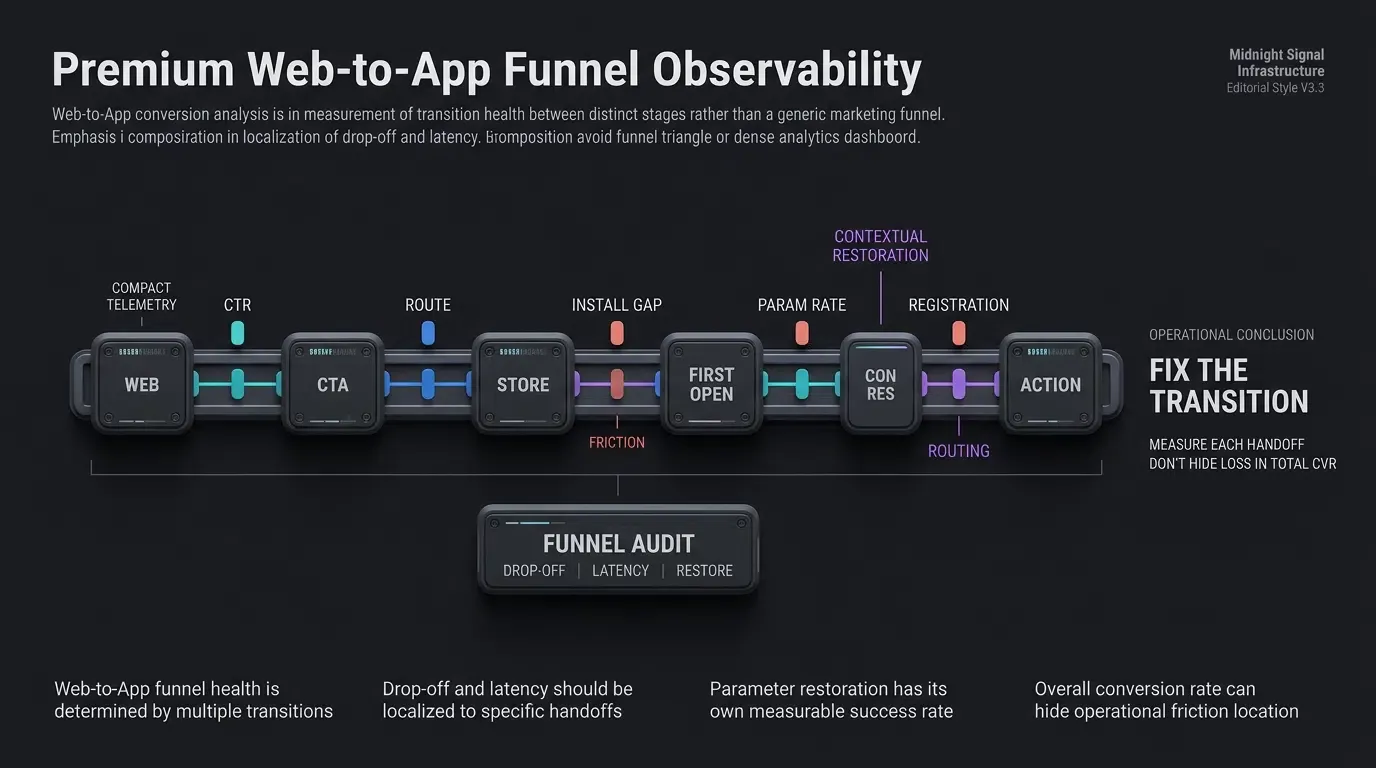 Web-to-app funnel audits isolate drop-off, latency, and restoration at each transition.