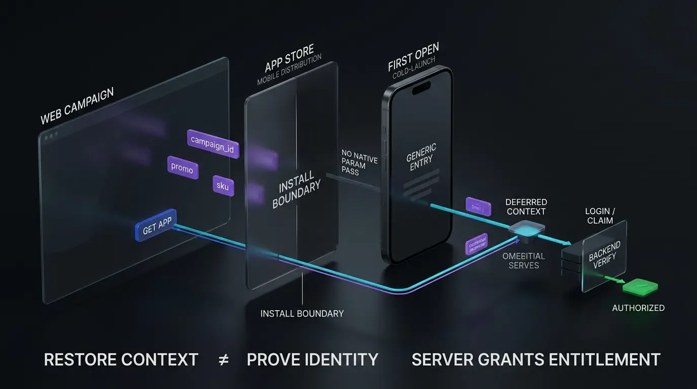 Deferred context crosses the install boundary before backend authorization.