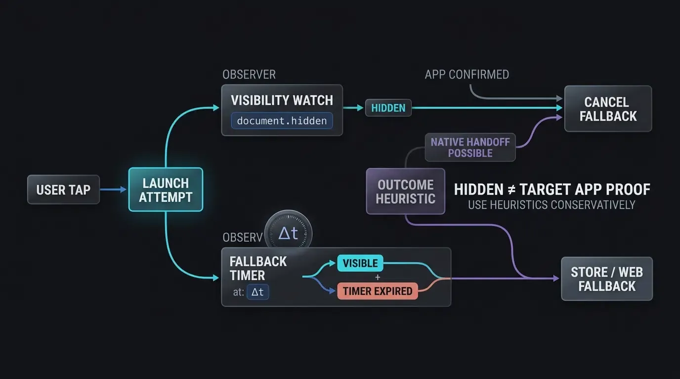 Visibility and timing heuristics suppress fallback after possible native app handoff.